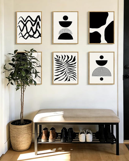 Drsoum Abstract Boho Wall Art Minimalist Geometric Framed Boho Room Decor Black Line Art Mid Century Modern Prints Bohemian Living Room Bedroom Ready to Hang 11x14inx6pcs (Natural Framed)
