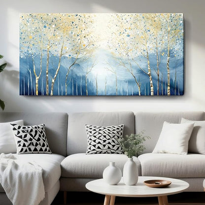 Oversized Abstract Plant Wall Art For The Living Room, Blue And Yellow Birch Forest Canvas Print, Modern Natural Horizontal Wall Decor For Bedrooms, Bathrooms, Dining Rooms, And Entryways. 58X29 Inches.
