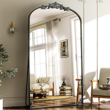 GLSLAND Vintage Mirror - 72"x 44" Full Length Mirror Large Carved Arched with Metal Frame Baroque Full Body Mirrors for Bathroom/Living Room/Entryway,Black