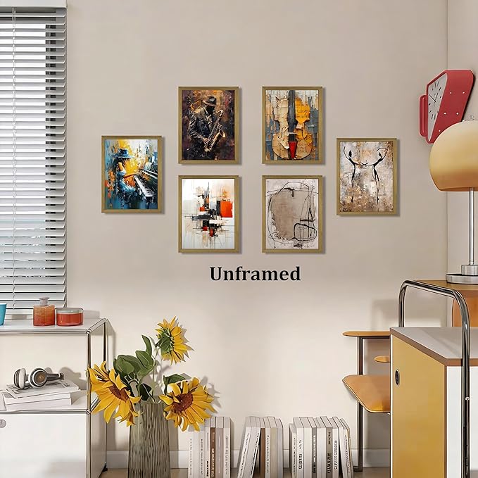 Modern Abstract Music Wall Art Set of 6, Unframed Canvas Posters Prints, Jazz Musician Piano Violin Abstract Painting Artwork, Contemporary Colorful Wall Decor for Living Room Bedroom Office 12x16 Inch