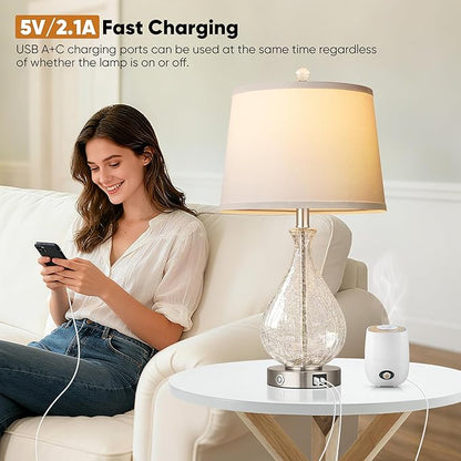 QiMH Glass Table Lamps for Living Room, Bedside Lamps Set of 2 with USB A+C Charging Ports, 3 Way Dimmable Touch Lamps for Nightstand, 22.5" Modern Table Lamp for Bedroom Office, LED Bulbs Included