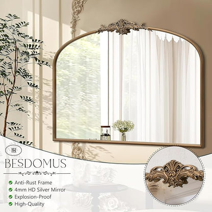 Besdomus Vintage Arched Gold Mirror: 40"x29" French Large Matt Gold Antique Wall Mounted Mirror - Baroque Traditional Ornate for Entryway/Fireplace/Bathroom/Hallway - Home Decor for Fashion-Conscious