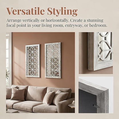 Set of 2 13x30 Inch Large Grey Shatterproof Carved Floral Wood Frame Wall Mirrors, Boho Farmhouse Rustic Accent Mirrors for Living Room Bedroom Bathroom & Home Decor