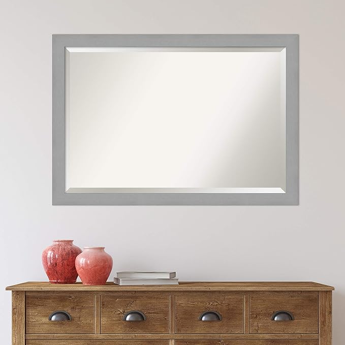 Amanti Art Silver Bathroom Mirror for Over Sink, 27x39 Brushed Nickel Rectangle Vanity Mirror, Large Modern Frame, Hangs Horizonally and Vertically, Bathroom Wall Decor, Beveled Edge
