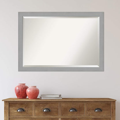 Amanti Art Silver Bathroom Mirror for Over Sink, 27x39 Brushed Nickel Rectangle Vanity Mirror, Large Modern Frame, Hangs Horizonally and Vertically, Bathroom Wall Decor, Beveled Edge