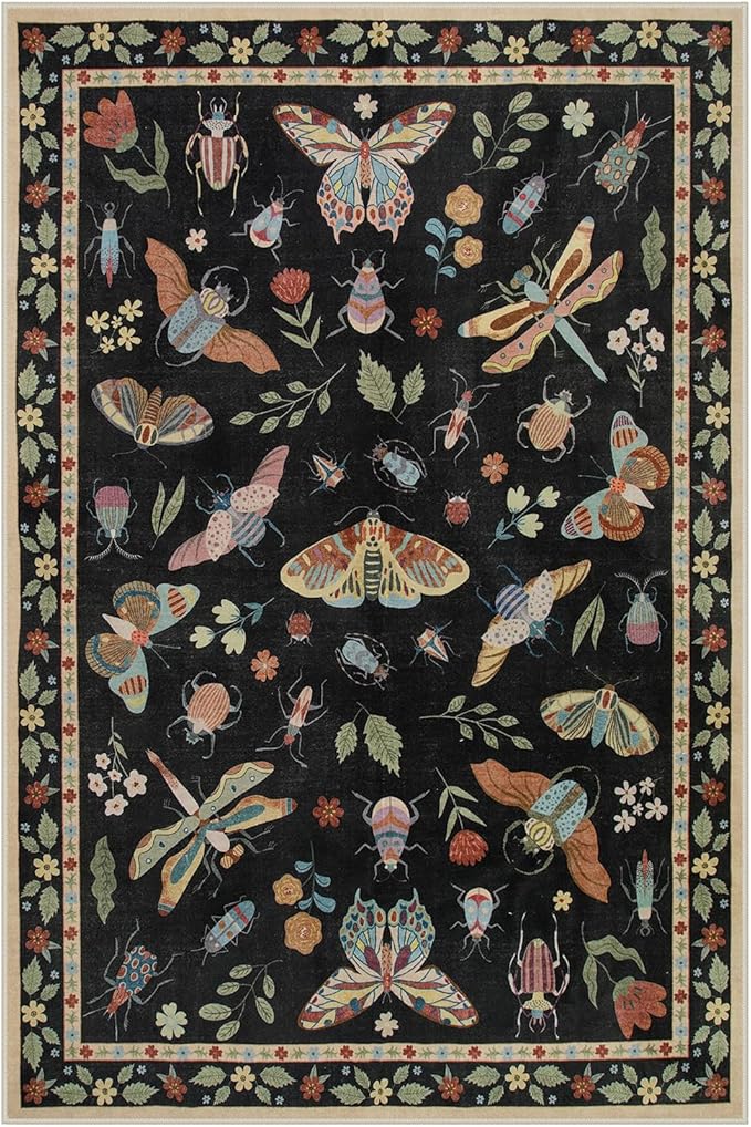 Lahome Insect Washable Rugs for Living Room, Soft Area Rug 6x9 Rug for Bedroom Ultra-Thin Non Slip Dining Room Rug, Stain Resistant Black Rug Large Carpet for Office Nursery Vionnet(6'x9',Black)