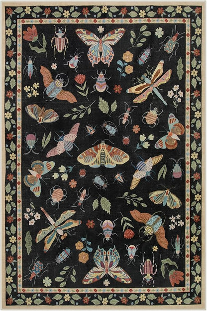Lahome Insect Washable Rugs for Living Room, Soft Area Rug 6x9 Rug for Bedroom Ultra-Thin Non Slip Dining Room Rug, Stain Resistant Black Rug Large Carpet for Office Nursery Vionnet(6'x9',Black)