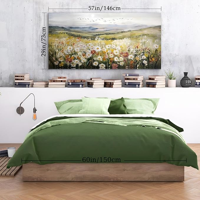 SERIMINO Nature Landscape Wall Art, Mountain Daisy Extra Large Artwork, Wildflower Meadow Rustic Home Decor Art Prints, French Country Aesthetic Paintings Wall Decor Living Room Dining Room 29X57 Inch