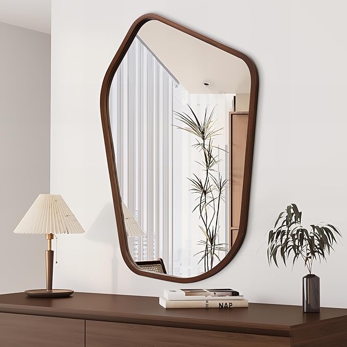 40"x28" Irregular Wall Mirror, Farmhouse Asymmetrical Mirror for Wall Decor, Wood Frame Bathroom Mirror for Living Room Bedroom Entryway Bathroom, Vertically, Walnut