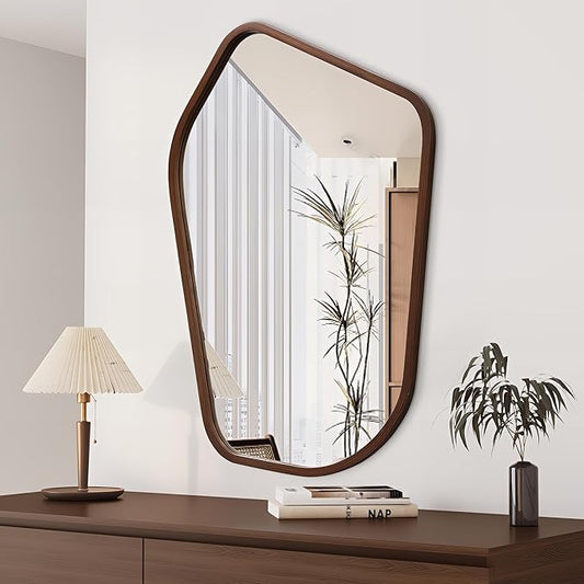 40"x28" Irregular Wall Mirror, Farmhouse Asymmetrical Mirror for Wall Decor, Wood Frame Bathroom Mirror for Living Room Bedroom Entryway Bathroom, Vertically, Walnut