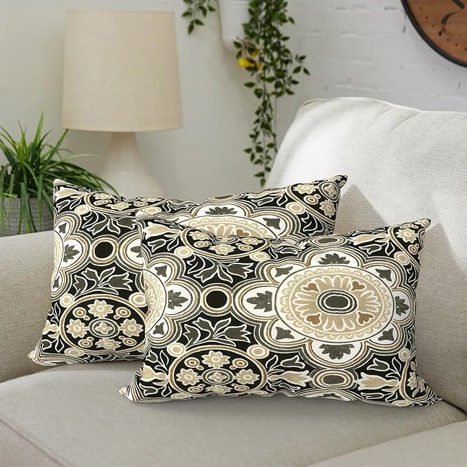 DYTXIII Pack of 2 Outdoor Waterproof Lumbar Pillow Covers ONLY, 12x20 Rectangle Decorative Double Printed Pillow Cases for Patio Couch Porch Furniture - Vintage Medallion