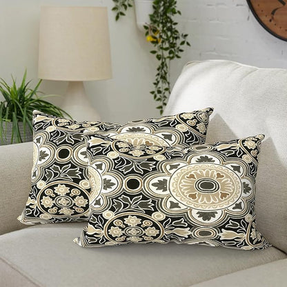 DYTXIII Pack of 2 Outdoor Waterproof Lumbar Pillow Covers ONLY, 12x20 Rectangle Decorative Double Printed Pillow Cases for Patio Couch Porch Furniture - Vintage Medallion