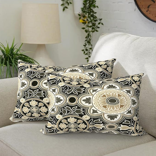 DYTXIII Pack of 2 Outdoor Waterproof Lumbar Pillow Covers ONLY, 12x20 Rectangle Decorative Double Printed Pillow Cases for Patio Couch Porch Furniture - Vintage Medallion