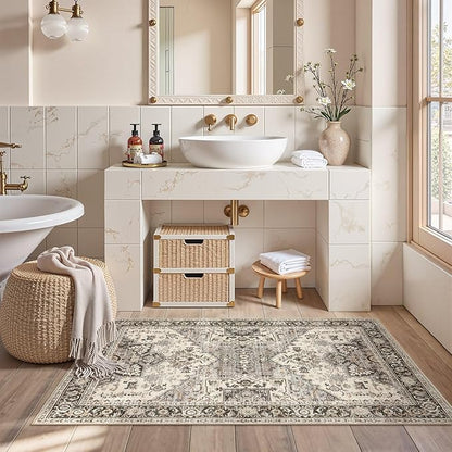 3x5 Washable Entryway Rug: Non-Slip Soft Vintage Floral Indoor Area Rug for Living Room Large Kitchen Entryway Bedroom Bedside, Door Mat Throw Carpet for Laundry Foyer Home Decor (Brown)