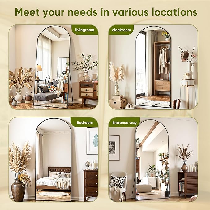 Arched Full Length Mirror 78 x 38 Inch, Full Body Mirror with Stand, Standing Hanging or Leaning Against Wall, Metal Frame Floor Mirror for Bedroom, Living Room, Cloakroom,Black