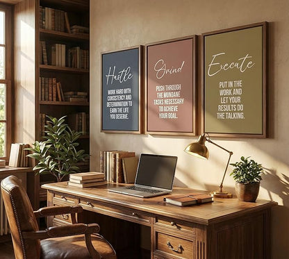 3pcs Inspirational Quotes Canvas Wall Art Hustle Execute Success Quotes Posters Prints Uplifting Motivational Positive Office Wall Decor Pictures for Living Room Bedroom Man Cave Decorations unframed