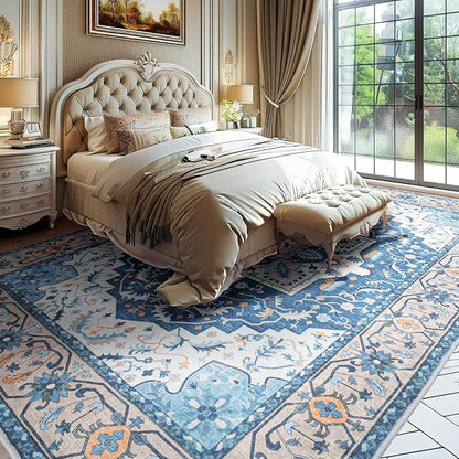 Lessymo 8 x 10 Area Rugs for Living Room- Machine Washable Area Rugs Boho Faux Wool Low Pile Area Rug for Bedroom Floral Medallion Vintage Rugs with Non-Slip Rubber, Kid & Pet Friendly, Blue Brown