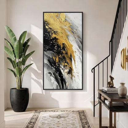 Large Framed Black and White Gold Abstract Wall Art, Modern Vertical Canvas Prints Paintings Artwork for Walls, Contemporary Pictures Wall Decor for Hallway Living Room Dining Room Entryway, 30x60 In