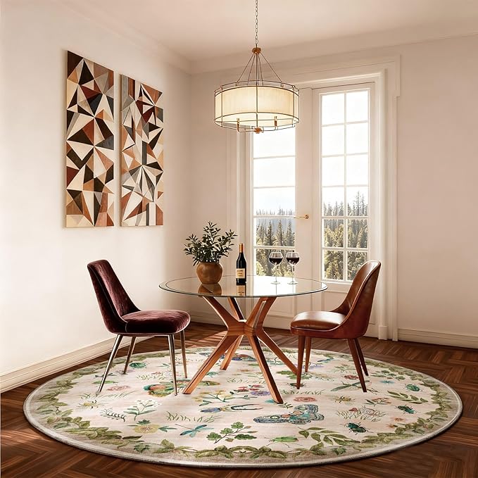 Washable Round Rugs for Bedroom 4ft: Living Room Rug Stain Resistant Non Slip Low Pile Ultra Soft Faux Wool Small Circle Rugs for Kitchen Entryway Bathroom Nursery Dorm Home Office Entrance Indoor