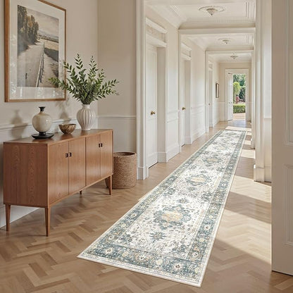 EIEIHOUSE Washable 2.6x14 Runner Rug - Area Rugs Neutral Vintage Distressed Floral Farmhouse Boho Large Soft Floor Rug Indoor Carpet for Hallway Entryway Home - Green/Grey