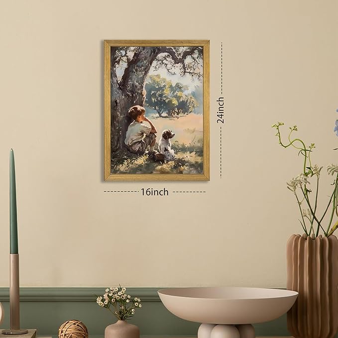 Wood Framed Canvas Wall Art, Vintage Boy and Dog Painting Poster, Countryside Pastoral Landscape Print Picture, Rustic Farmhouse Wall Decor for Living Room Bedroom Nursery 16x24 inch