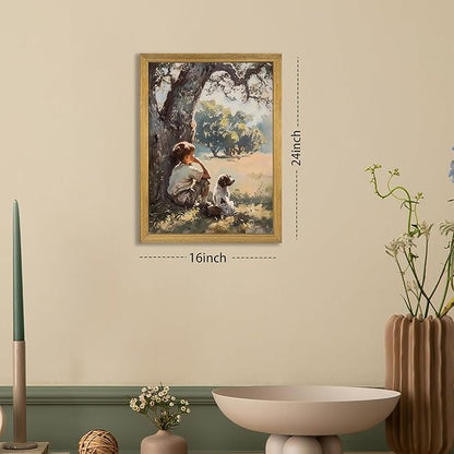 Wood Framed Canvas Wall Art, Vintage Boy and Dog Painting Poster, Countryside Pastoral Landscape Print Picture, Rustic Farmhouse Wall Decor for Living Room Bedroom Nursery 12x16 inch