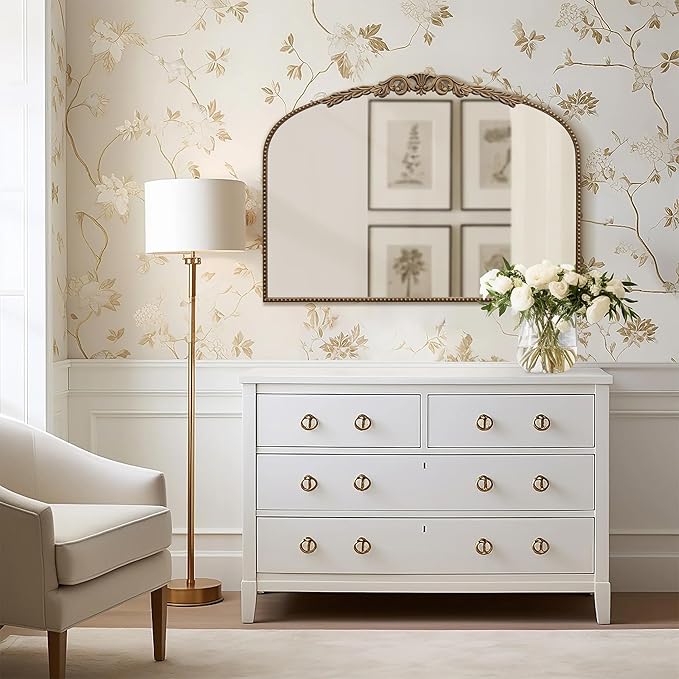 Besdomus Gold Large Arched Mirror: 40"x29" French Baroque Vintage Mirror - Traditional Ornate Antique for Mantel/Bedroom/Entryway/Bathroom/Hallway - Home Decor for Fashion-Conscious