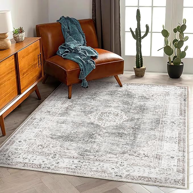 CHAMPLANT Washable Area Rug 4'x6' Vintage Traditional Floor Cover Foldable Thin Rugs Retro Kitchen Indoor Distressed Non Slip Carpet Floral Print Mat Bedroom Living Room