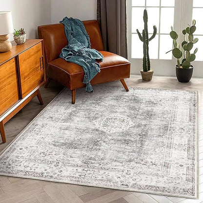CHAMPLANT Washable Area Rug 4'x6' Vintage Traditional Floor Cover Foldable Thin Rugs Retro Kitchen Indoor Distressed Non Slip Carpet Floral Print Mat Bedroom Living Room