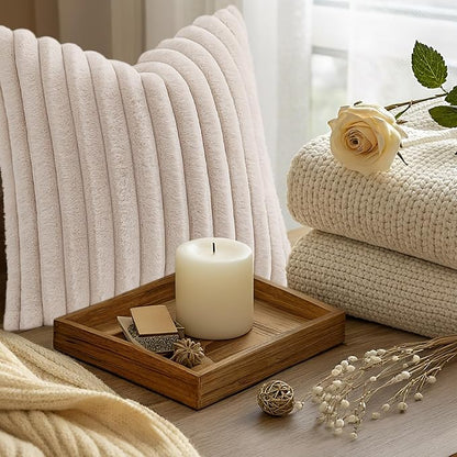decorUhome Summer Cozy Faux Fur Throw Pillow Covers 24x24 Set of 2 Decorative Soft Plush Striped Modern Farmhouse Boho Couch Euro Sham Pillow Cases with Velvet Back for Sofa Bed Living Room, Beige