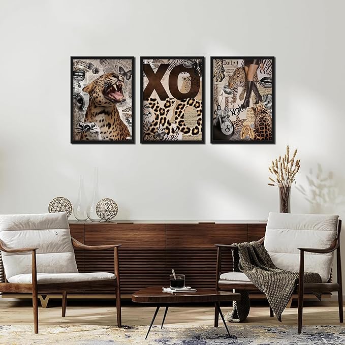 Framed Trendy Leopard Roar Canvas Wall Art Srt of 3, Fashion Stylish Cheetah Prints, Trendy Boots Poster, Aesthetic Fashion Wall Decor for Living Room Bedroom – Black Wooden Frame 12x16in