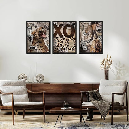 Framed Trendy Leopard Roar Canvas Wall Art Srt of 3, Fashion Stylish Cheetah Prints, Trendy Boots Poster, Aesthetic Fashion Wall Decor for Living Room Bedroom – Black Wooden Frame 16x24in