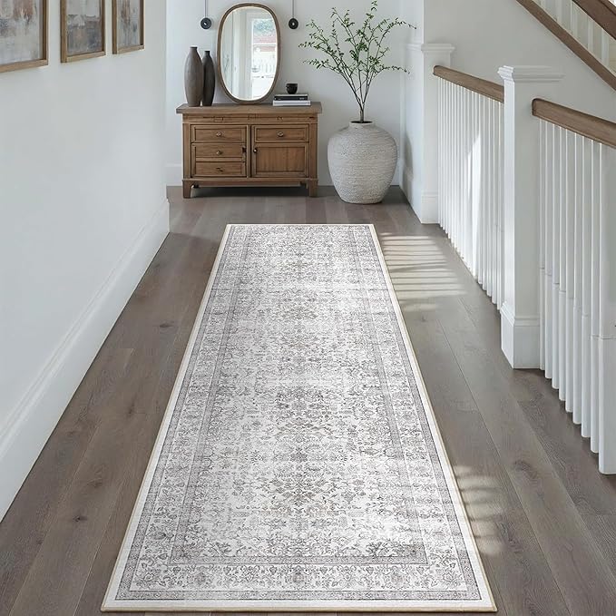 2'6"x8' Gray Runner Rug Hallway Non Slip Washable Area Rugs Kitchen Soft Vintage Boho Long Rug Distressed Floral Carpet Indoor Low Pile Throw Rug for Bedroom Bathroom Laundry Dining Living Room Office