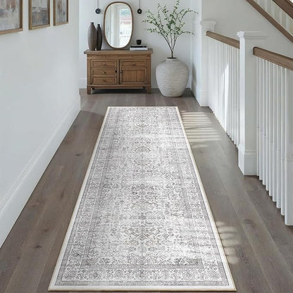 2'6"x8' Gray Runner Rug Hallway Non Slip Washable Area Rugs Kitchen Soft Vintage Boho Long Rug Distressed Floral Carpet Indoor Low Pile Throw Rug for Bedroom Bathroom Laundry Dining Living Room Office