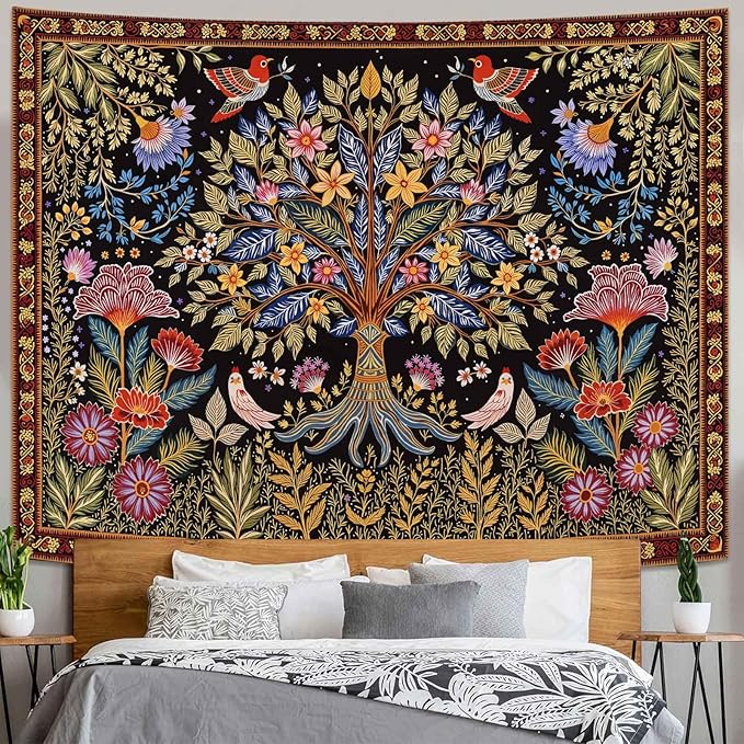Lunerfex Tree of Life Wall Tapestry - Vibrant Folk Art & Botanical Wall Hanging for Bedroom and Living Room Decor - Boho Nature Tapestries 90"x70"
