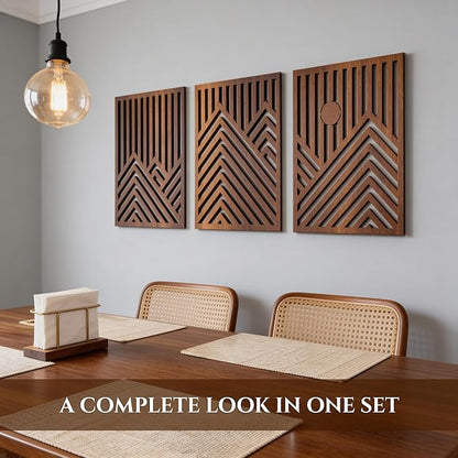 qmmp Modern Wooden Wall Sculptures - Set of 3 - Home Decor Accent - Large Wall Art for Living Room, Bedroom, Office - Easy Installation (Walnut, XXLarge - Mountain and Sun)