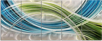 Yihui Arts Abstract Metal Wall Art - Hand Crafted 5 Pieces Panels Large Big Blue Teal Silver Unique 3D Aluminum Modern Contemporary Home Accent