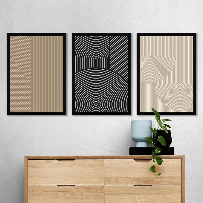 FWAHREN Framed Modern Abstract Minimalist Neutral Canvas Wall Art, Geometric Textured Line Mid Century Prints Artwork, Contemporary Japandi Wall Decor, Living Room Bedroom Office, Set of 3, 16x24in