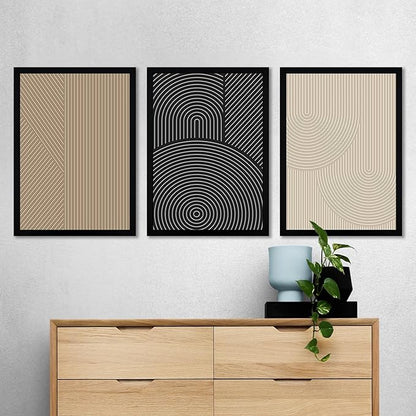 FWAHREN Framed Modern Abstract Minimalist Neutral Canvas Wall Art, Geometric Textured Line Mid Century Prints Artwork, Contemporary Japandi Wall Decor, Living Room Bedroom Office, Set of 3, 16x24in