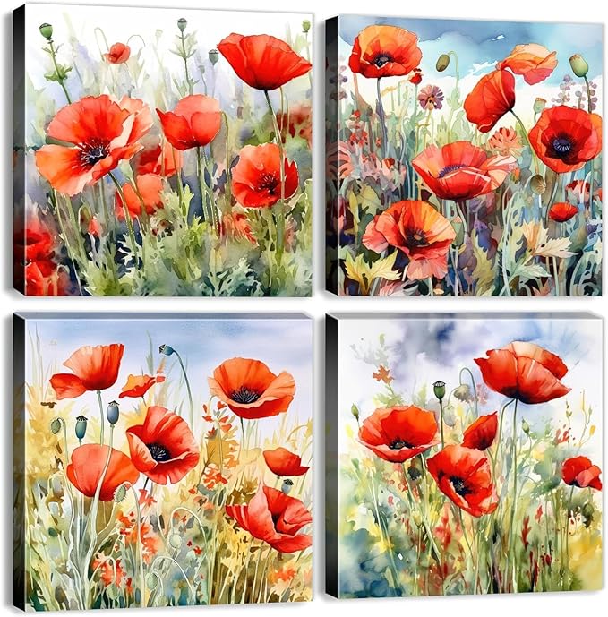 Red Poppy Floral Canvas Wall Art Bedroom Wall Decor Abstract Watercolor Poppies Picture for Living Room Bathroom Nature Botanical Paintings Prints Poster Wildflower Artwork Home Decoration 12x12” 4Pcs