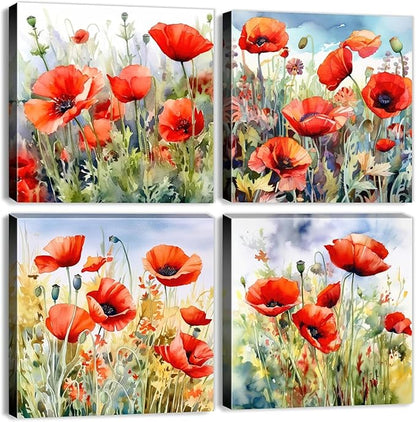 Red Poppy Floral Canvas Wall Art Bedroom Wall Decor Abstract Watercolor Poppies Picture for Living Room Bathroom Nature Botanical Paintings Prints Poster Wildflower Artwork Home Decoration 12x12” 4Pcs