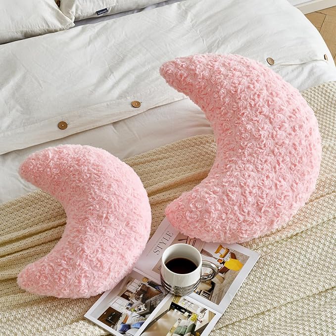 Moon Pillow, Decorative Throw Pillow with Soft Faux Fur for Couch Bed Sofa, Cute Half Moon Pillows with Room Decor for Bedroom Living Room (19 Inches, Pink)