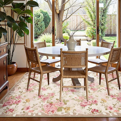 Lahome Vintage Floral 8x10 Area Rugs,Soft Living Room Rugs Boho Large Area Rug Machine Washable, Low Pile Pink Rugs for Bedroom Girls Carpet for Nursery Rug Playroom Dining Room Nina(8'X10',Beige)