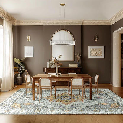 RELEANY Area Rugs 9'x12' Washable Non-Slip, Floral Vintage Distress Print Pattern Medallion Carpet for Living Room Bedroom Dining Room, Light Yellow Carbon Grey Orange