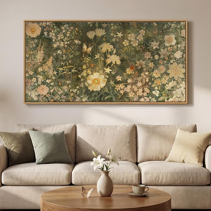 Large Framed Vintage Botanical Wall Art for Living Room, Rustic Retro Floral Canvas Painting Prints, Antique French Garden Flower Pictures for Farmhouse Bedroom Dining Room Wall Decor, 30x60 Inch