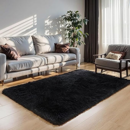 KICHOWUA Area Rug Black Fluffy Shag 5x7 for Bedroom, Ultra Soft Plush Fuzzy Washable Thickened Non-Slip Floor Carpet, Modern Cozy Furry Rug for Living Room Kids Baby Boys Girls Nursery Dorm