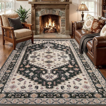 Tangsoo 4x6 Area Rug for Living Room,Boho Washable Non-Slip Throw Rug Black and Gold Low Pile Indoor Area Rugs,Vintage Soft Carpet for Entrance Bedroom Bedside Office Decor