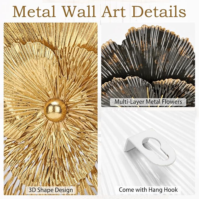 DILATATA 3 Pcs Metal Flower Wall Art Set 10 Inch Rustic Modern Floral Sculpture 3D Metal Flower Wall Hanging Accent for Indoor Living Room Bedroom Kitchen Bathroom Garden Patio Decor - Mixcolor