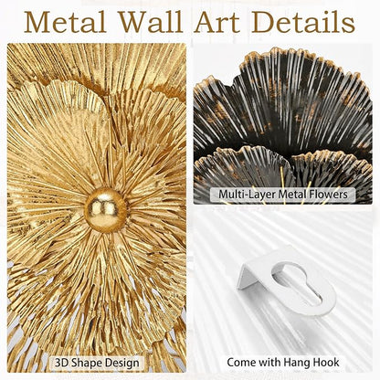 DILATATA 3 Pcs Metal Flower Wall Art Set 10 Inch Rustic Modern Floral Sculpture 3D Metal Flower Wall Hanging Accent for Indoor Living Room Bedroom Kitchen Bathroom Garden Patio Decor - Mixcolor