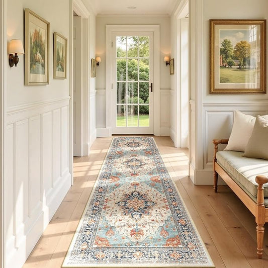 RELEANY Area Rugs 3'x9' Runner Rug Non Slip Washable for Kitchen Hallway Bedroom Beside Laundry Room Bathroom Rug, Floor Carpet, Beige Navy Blue Orange Colorful